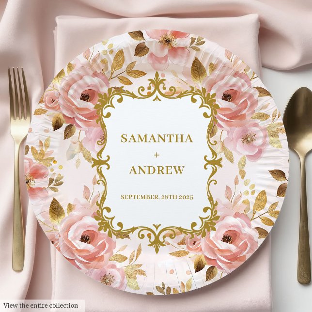 Prato De Papel Chic Blush Dourado Casamento Plates (Chic Blush Gold Wedding Paper Plates)