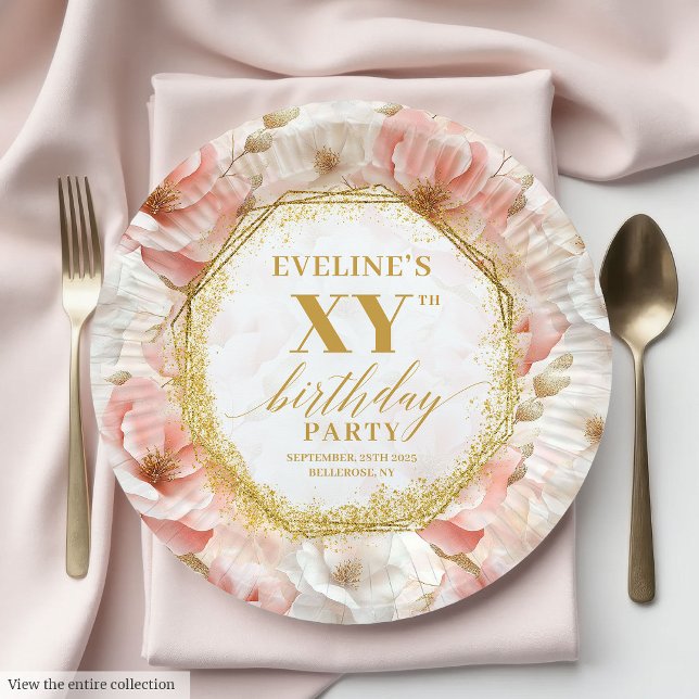 Prato De Papel Chic Blush Floral Ivory Dourado Papéis de Aniversá (Chic Blush Floral Ivory Gold Birthday Paper Plates

)