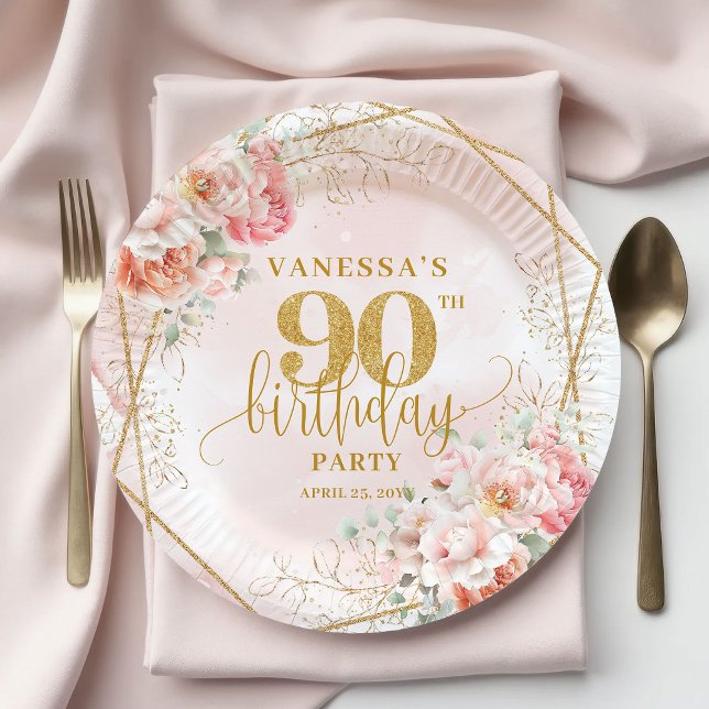 Prato De Papel Chic Blush Pink Floral Gold Frame 90th Birthday  (Chic Blush Pink Floral Gold Frame 90th Birthday Plates)