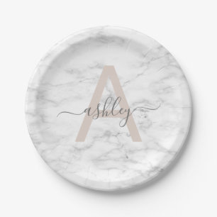Prato De Papel Chic Blush White Marble Script Name Monogramo