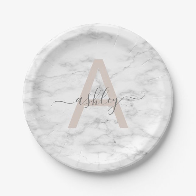 Prato De Papel Chic Blush White Marble Script Name Monogramo (Frente)