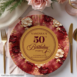 Prato De Papel Chic Boho Marsala Blush Dourado 50º Aniversário