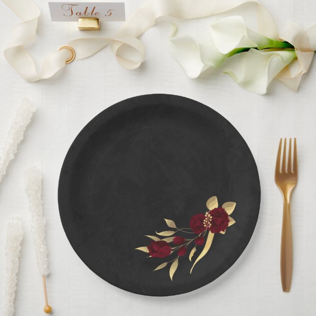 Prato De Papel Chic burgundy e ouro preto (Casamento)