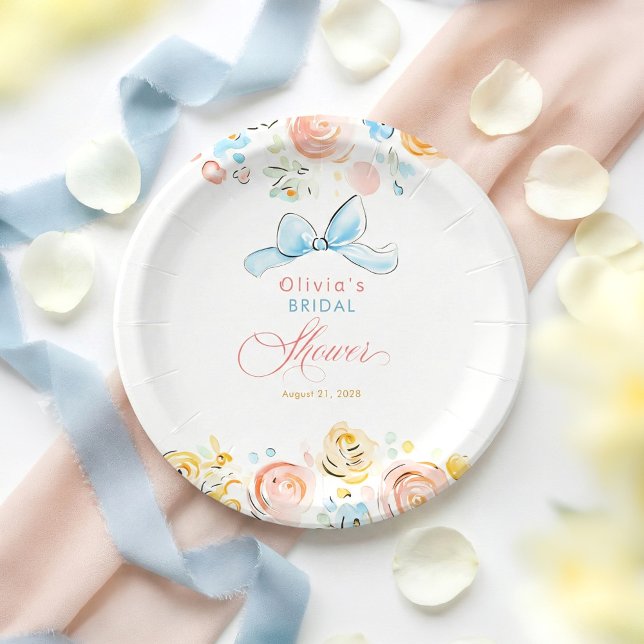 Prato De Papel Chic Caprichoso Elegante Chá de Noiva Desenhado à  (Floral Whimsical Bow Paper Plates for Shower)