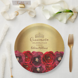 Prato De Papel Chic Coroa Dourada Rosa Vermelha Floral Quinceañer