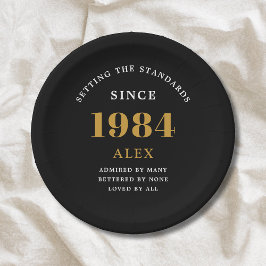 Prato De Papel Chic Dourado Elegante Preto do Nome do aniversário