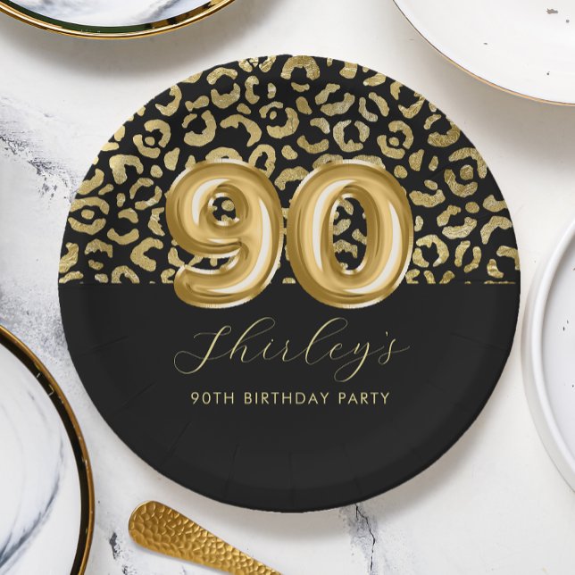 Prato De Papel Chic Dourado Estampa de Leopardo Preto Aniversário (Criador carregado)
