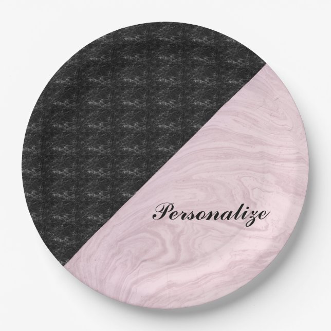 Prato De Papel Chic Elegant Black Pink Marble Personalizado (Frente)