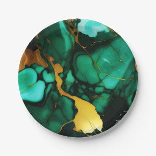 Prato De Papel Chic Elegante verde escuro ouro amarelo Faux Marbl
