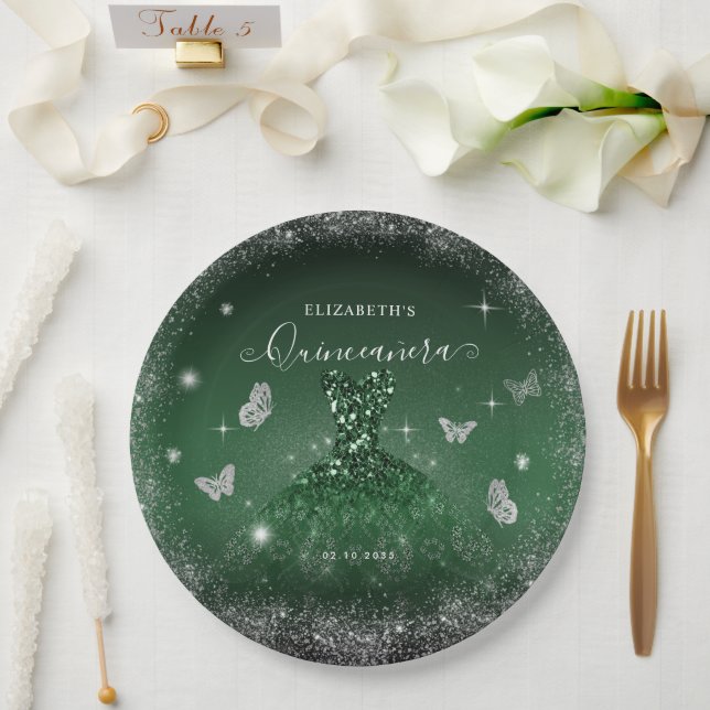 Prato De Papel Chic Emerald Green Silver Glitter Glitter Quinceañ (Casamento)