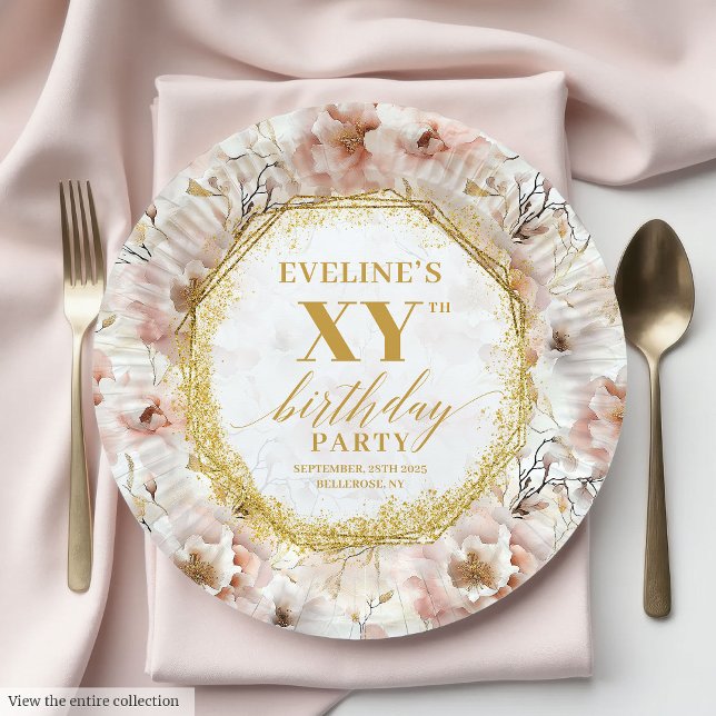 Prato De Papel Chic Floral Pink Dourado Pink Papéis de Aniversári (Chic Floral Dusty Pink Gold Birthday Paper Plates)