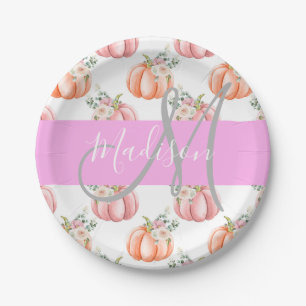 Prato De Papel Chic Floral White Pink Pêssego Pumpkin Monograma N