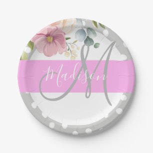 Prato De Papel Chic & Girly Floral Branco Rosa Cinza Monograma No