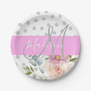 Prato De Papel Chic & Girly Floral Branco Rosa Cinza Monograma No