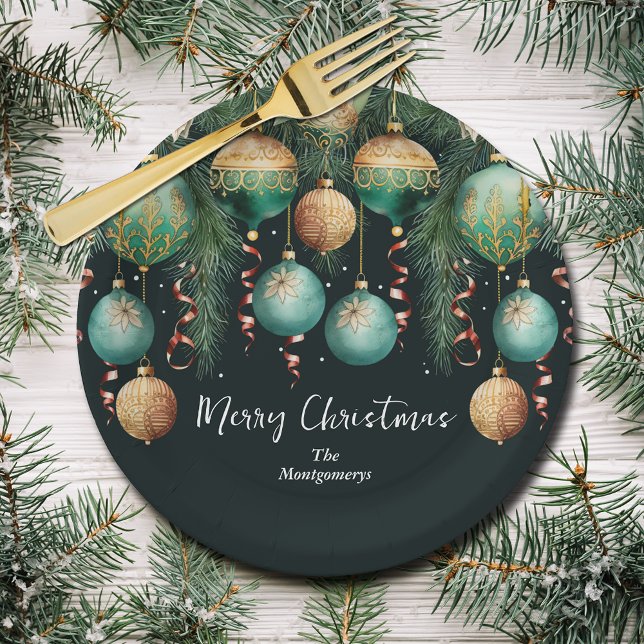 Prato De Papel Chic Gold and Green Christmas Tree Ornaments (Chic gold and green Christmas tree ornaments paper napkins)