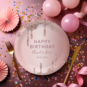 Prato De Papel Chic Happy Birthday Rosa Dourado Glitter
