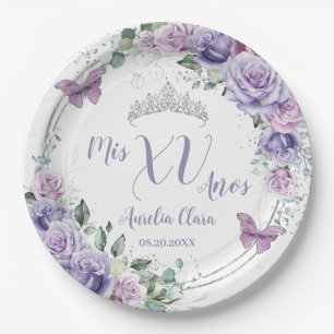 Prato De Papel Chic Lilás Roxo Floral Borboletas Quinceañera 