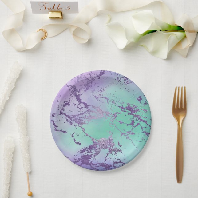 Prato De Papel Chic Marble | Lavanda Roxo e Mint Verde (Casamento)