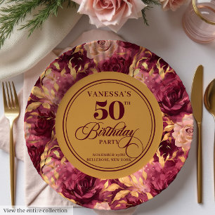 Prato De Papel Chic Marsala Bege Dourado Flores 50º Aniversário