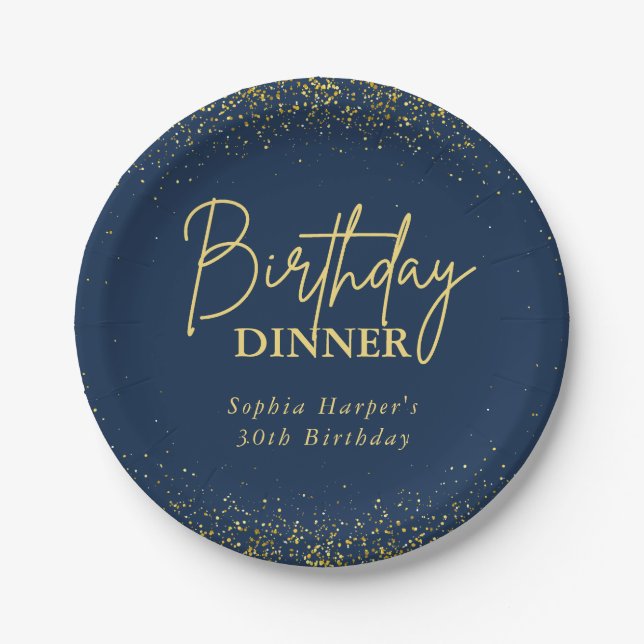 Prato De Papel Chic Navy Gold Glitter Confetti Birthday Dinner (Frente)