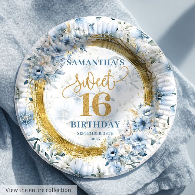 Prato De Papel Chic Pastel Blue Sweet Dezesseis Placas Luminosas  (Chic Pastel Blue Sweet Sixteen Gold Glitter Plates)