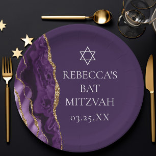 Prato De Papel Chic Purple Dourado Agate Bat Mitzvah