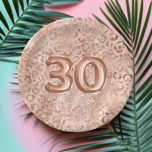 Prato De Papel Chic Rosa Dourado Estampa de Leopardo 30º Aniversá