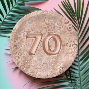 Prato De Papel Chic Rosa Dourado Estampa de Leopardo 70º Aniversá