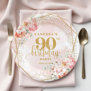 Prato De Papel Chic Rosa Floral Dourado Aniversário de 90 anos 