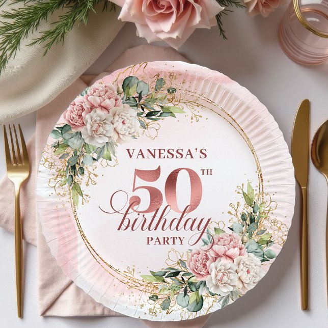 Prato De Papel Chic Rose Gold Blush Floral Greenery 50th Birthday (Chic Rose Gold Blush Floral Greenery 50th Birthday Paper Plates

)