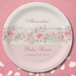 Prato De Papel Chic Shabby Rosa Floral Chá de Bebê Cristão