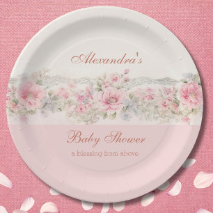 Prato De Papel Chic Shabby Rosa Floral Chá de Bebê Cristão