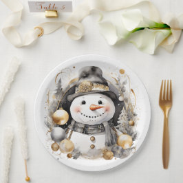 Prato De Papel Chic Snowman: Black and Gold Holiday Charm