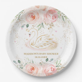 Prato De Papel Chic Swan Blush Pink Floral Chá de fraldas Anivers