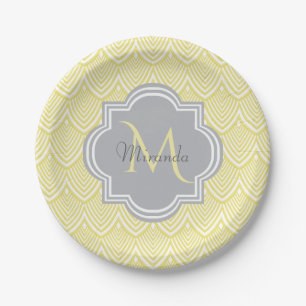 Prato De Papel Chic Yellow Art Deco Scallops Cinza Nome do Monogr