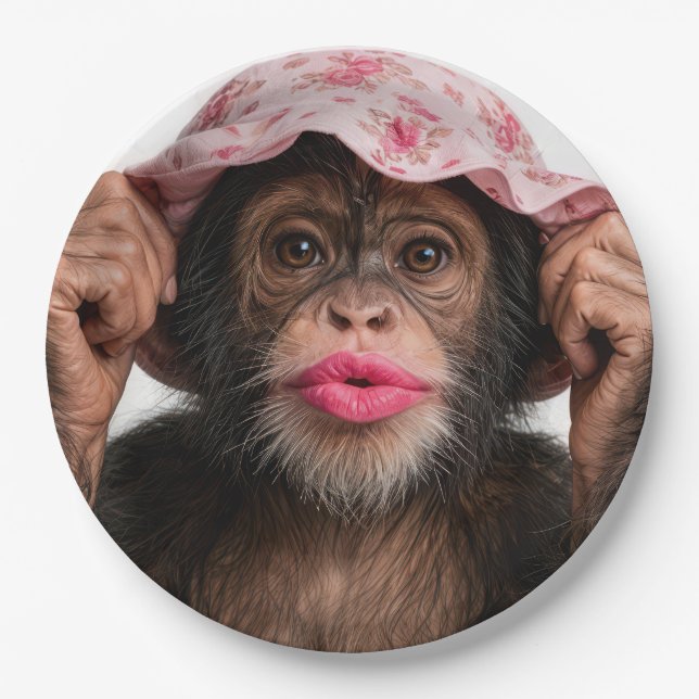 Prato De Papel Chimpanzé Usando Batom Rosa (Frente)