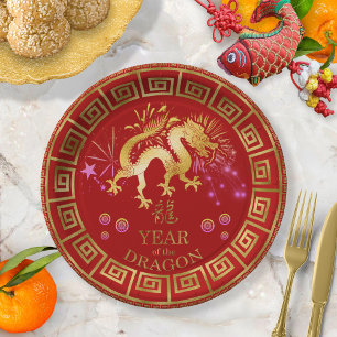Prato De Papel Chinês Zodiac Dragon Red/Dourado ID542