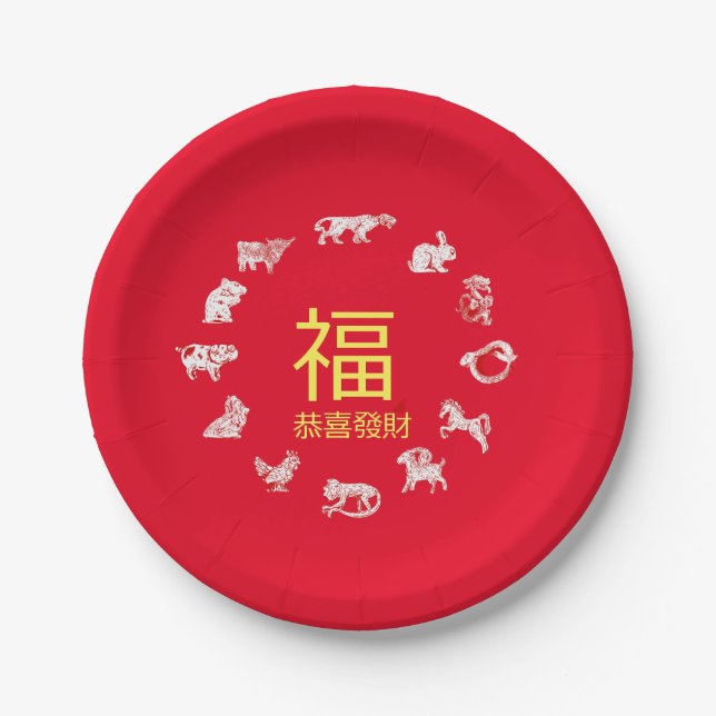 Prato De Papel Chinese Animal Zodiac Lunar New Year Paper Plates (Frente)