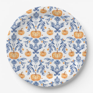 Prato De Papel Chinoiserie Azul Branco Laranja Abóbora de Outono
