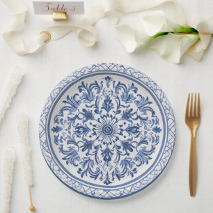 Prato De Papel Chinoiserie azul branco minimalista moderno vintag