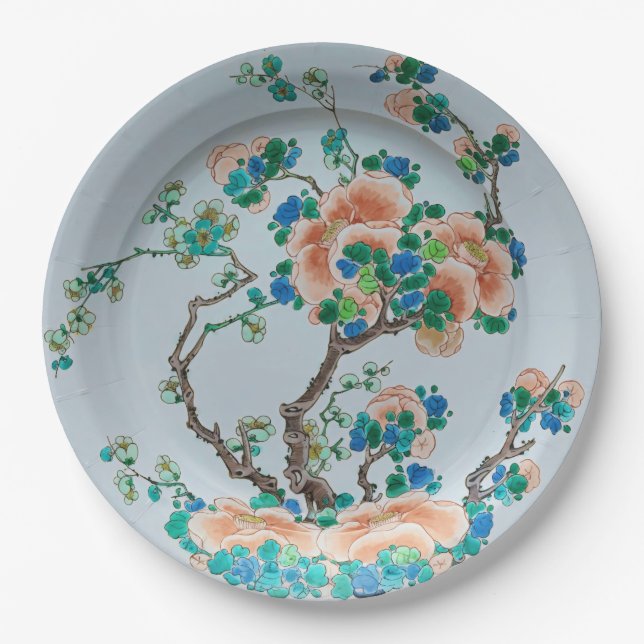 Prato De Papel Chinoiserie Flor de Pêssego Falso China (Frente)