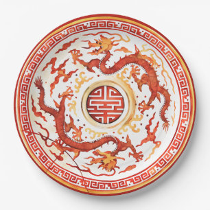 Prato De Papel Chinoiserie Vermelho Dourado Dragão Imperial Falso