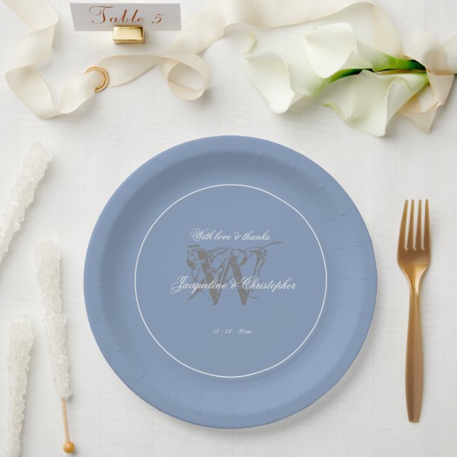 Prato De Papel Chique Casamento Azul Empoeirado Monograma Cinza E (Casamento)