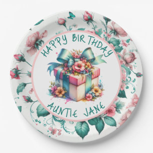 Prato De Papel Chique Cor-de-Água Rosa Floral Personalizado