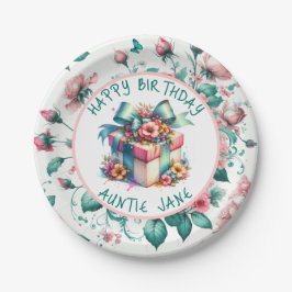 Prato De Papel Chique Cor-de-Água Rosa Floral Personalizado