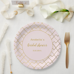 Prato De Papel Chique Geométrico Moderno Rosa Bege Dourado