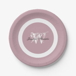 Prato De Papel Chique Rosa Empoeirado Casamento Branco Monograma