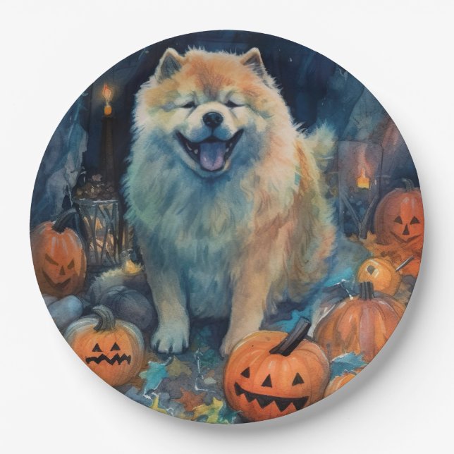 Prato De Papel Chow Chow de Halloween com Abóboras Assustadoras  (Frente)