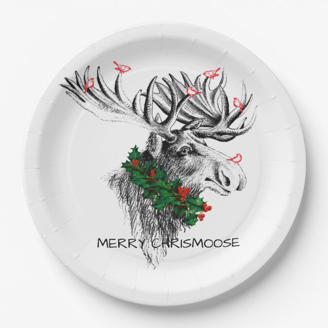 Prato De Papel Christmas Chrismoose Moose Birds Holly Paper Plate (Frente)