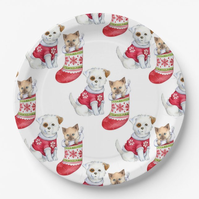 Prato De Papel Christmas Dog & Cat (Frente)